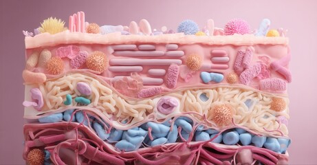 Cross-section of the skin depicting its different layers and the microscopic inhabitants. Abstract and detailed depiction of the body.