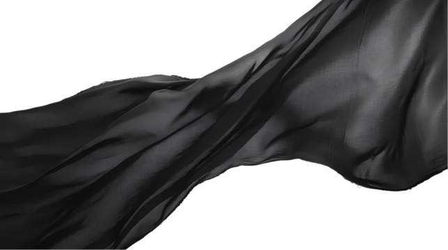 A flowing black fabric   with visible folds and subtle light variations isolated on transparent background