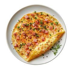 Delicious omelette with ham, herbs, and spices on white plate, showcasing golden brown exterior and vibrant toppings. Perfect for breakfast or brunch
