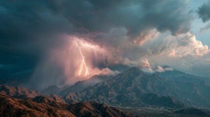 Fototapeta premium Thunderstorm Over Mountain Range with Lightning/山脈の雷雨2