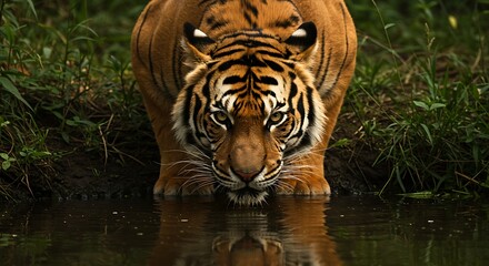 Fototapeta premium Majestic Tiger Drinking from a Forest Pool A Stunning Wildlife Image