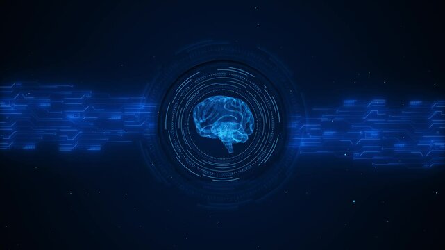 Artificial Intelligence computer database concept hologram brain and analytics, AI chipset on circuit board. Deep Learning, Machine Learning. AI software and cybersecurity data, Cybersecurity AI style
