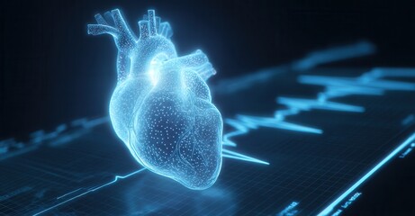 Human Heart Model with Pulse, futuristic hologram style. Medical technology and cardiology concepts. Innovative health technology in healthcare