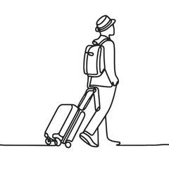Tourist carrying a wheeled suitcase, vector, black line drawing, minimalistic, single line, simple line, isolated, transparent background 