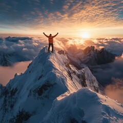 At dawn a triumphant figure stands on a snow laden summit with arms raised embracing the stunning sunrise and expansive mountain landscape that inspires awe and adventure