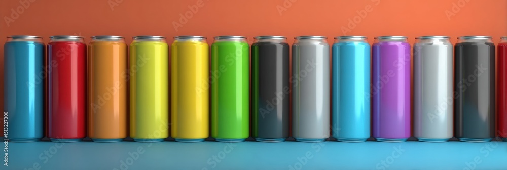 Poster beverage cans arranged in order of caffeine content with a vibrant background
