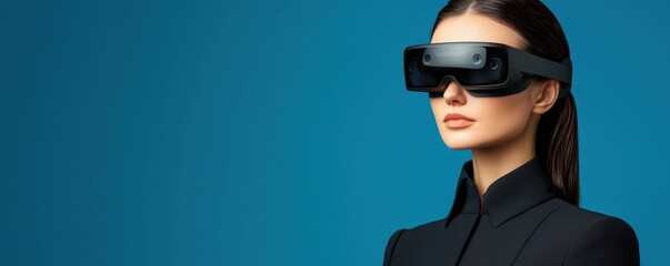 economy consumption demand concept. A woman wearing futuristic VR glasses against a blue background.