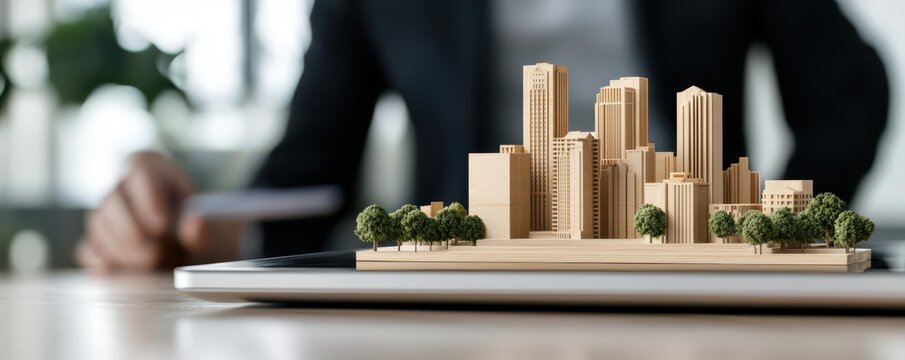 economy consumption demand concept. 3D city model placed on a laptop, showcasing urban planning and architectural design concepts.