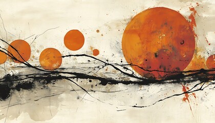Abstract landscape with orange circles and black lines