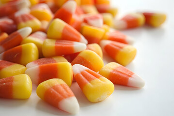 Colorful Candy Corn Treats on White Background Perfect for Halloween Celebrations, Autumn Festivities, and Sweet Celebrations with Family and Friends
