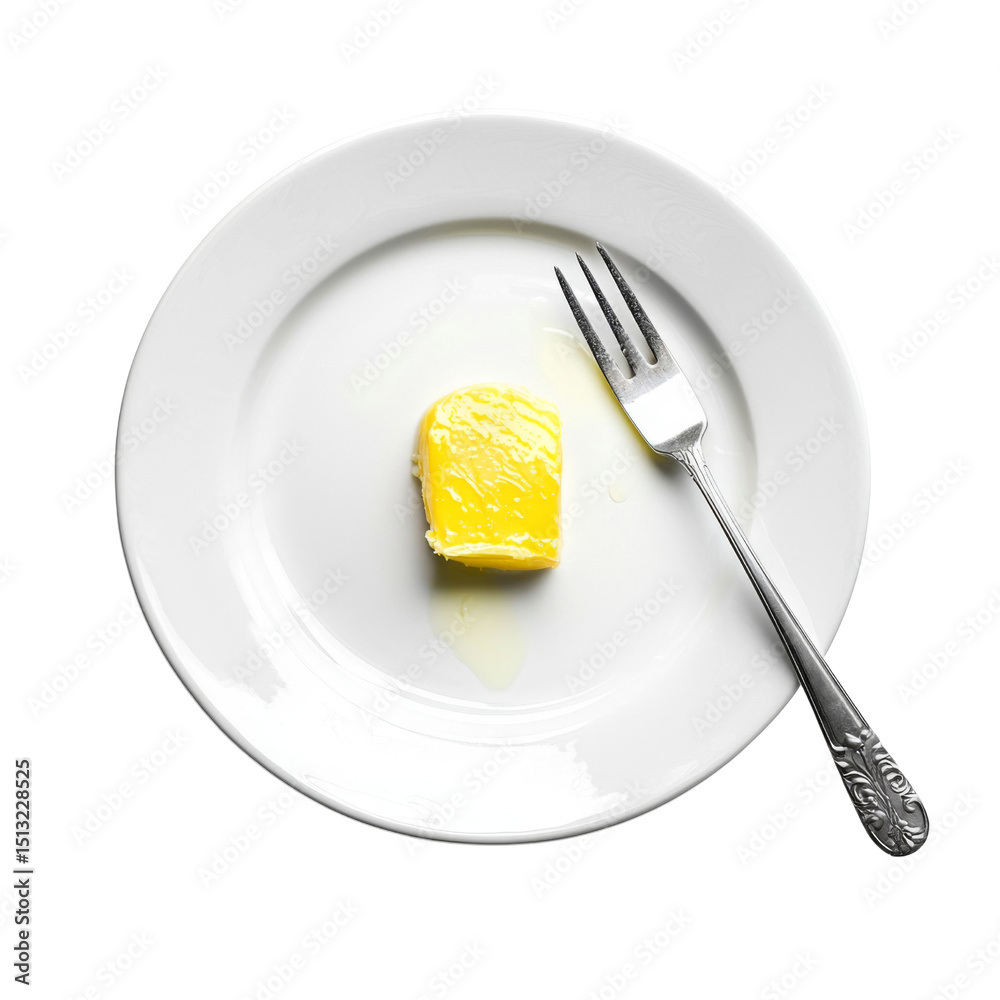 Poster slice of yellow butter on white plate with silver fork, creating simple yet elegant presentation. im