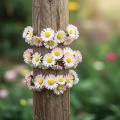 Obraz premium White And Pink Daisies Wrapped Around Wooden Post