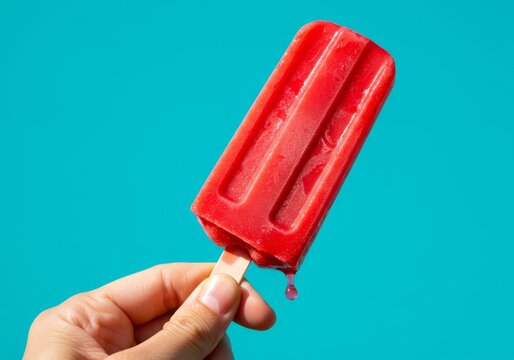 Red popsicle held in hand against bright blue background