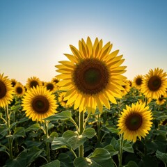 Fototapeta premium Vibrant Yellow Sunflowers in a Summer Field