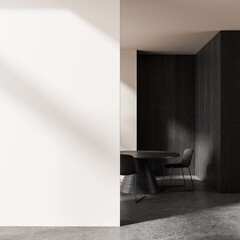 Minimalist interior with empty white wall for poster mockup and modern dark dining area in natural lighting setup. 3D Rendering