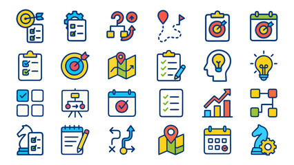 Fototapeta premium Action plan icons for strategic planning problemsolving in business. Suitable for presentations, reports, infographics, and websites. Ideal for visualizing tactics.