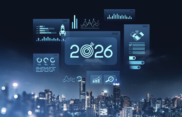 Futuristic business dashboard with 2026 target graphics over city skyline at night.