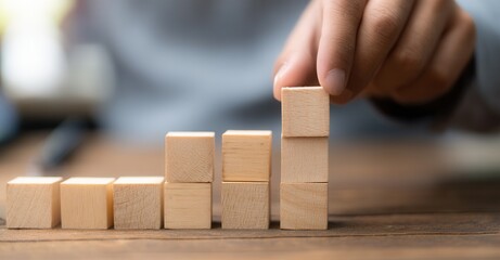 Growth concept: hand stacks wooden blocks into a rising bar graph, symbolizing business progress and positive development.
