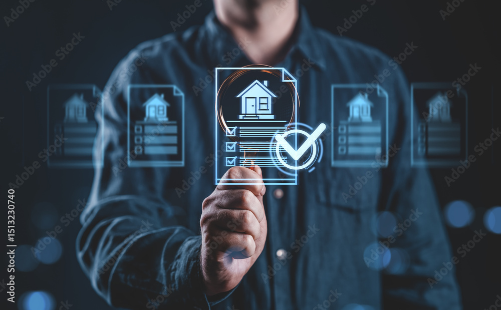 Poster digital interface showing property checklist with approved document icon in hand gesture.
