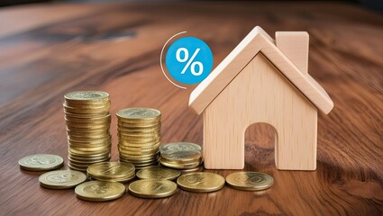 Money coins on a wooden table and a wooden house model with a percentage indication symbol.  Ideas related to real estate, property, and home interest.  Financial concept, banking, investment, mortgag