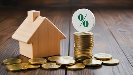 Money coins on a wooden table and a wooden house model with a percentage indication symbol.  Ideas related to real estate, property, and home interest.  Financial concept, banking, investment, mortgag