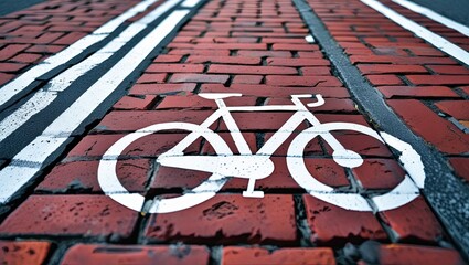 Bicycle lane markings in close-up, with a white bike sign painted on a red brick road.  signage designating bike lanes, bike paths, and safety measures for transportation.  eco-mobility in cities.