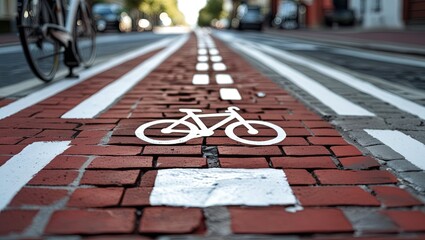 Bicycle lane markings in close-up, with a white bike sign painted on a red brick road.  signage designating bike lanes, bike paths, and safety measures for transportation.  eco-mobility in cities.