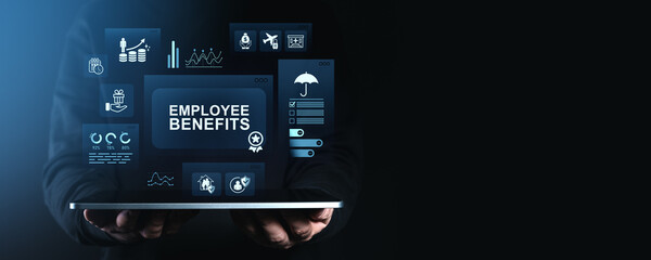 Employee benefits digital interface showing icons for rewards, insurance, and analytics on tablet held by person in dark clothes on gradient background.