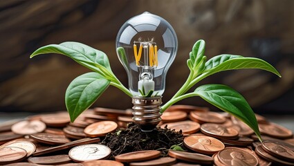Growing a light bulb plant on pennies is an idea for a commercial venture.  Green sprout, economic expansion, cost reduction, environmentally friendly business model, sustainable growth, creativity, a