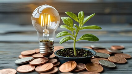 Growing a light bulb plant on pennies is an idea for a commercial venture.  Green sprout, economic expansion, cost reduction, environmentally friendly business model, sustainable growth, creativity, a