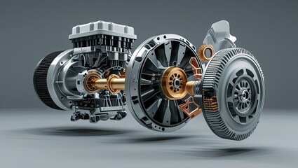 Detailed parts of an electric vehicle motor in an explosion perspective on a gray background.  An eco-friendly automotive engine rendered in three dimensions.  cutting-edge electric car motor technolo