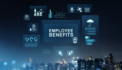 Employee benefits concept with digital icons representing health, vacation, insurance, and financial perks on futuristic cityscape background.