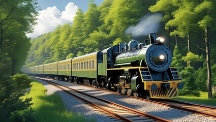 A train passes alongside a forest of green trees.  train locomotive.  nature, travel, and the transportation sector.  scenic train journey.