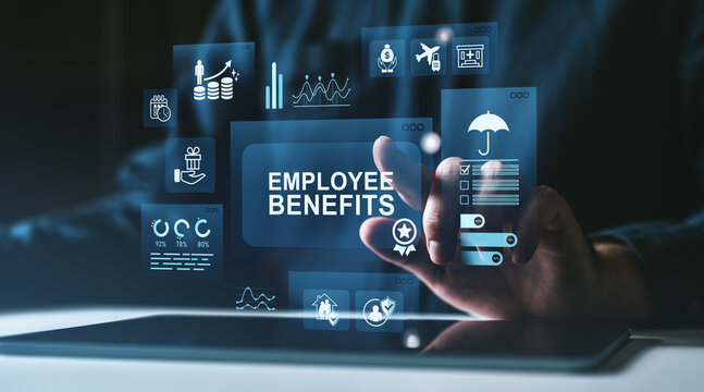 Employee benefits digital interface with icons and metrics over tablet on dark background representing workplace perks and human resources features.