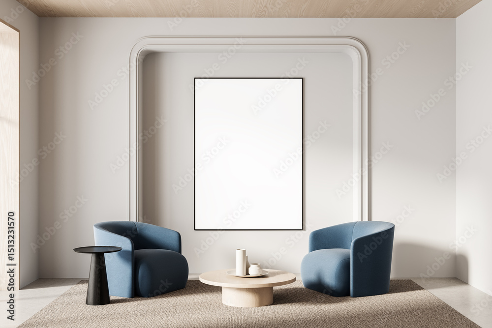 Fototapete modern interior with armchairs and coffee table in front of blank poster on decorative wall, perfect