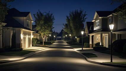 quiet suburban street at night.  homes with gentle exterior lighting that creates shadows and a cozy ambiance at night.  A calm neighborhood atmosphere is created by street lamps lighting the roads.  