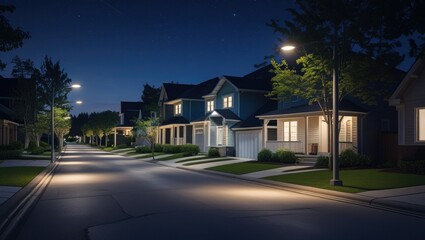 quiet suburban street at night.  homes with gentle exterior lighting that creates shadows and a cozy ambiance at night.  A calm neighborhood atmosphere is created by street lamps lighting the roads.  