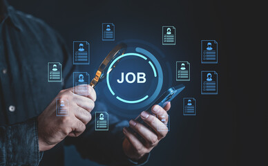 Man searching for job opportunities using mobile and magnifying glass interface.