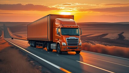 At sunset, a big orange truck travels down the highway.  highway-based road transportation.  Sunsets are warm and vibrant.  The truck is moving quickly.  Landscape background dry, flat.  Logistics, in