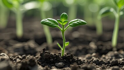 A close-up of a baby tomato seedling growing out of the ground.  New life, a tiny green sprout that grows in the sun.  Concepts related to botany, gardening, growth, agriculture, environment, and ecol