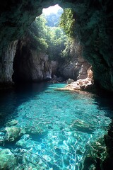 Sunlight through a crystal-clear cave