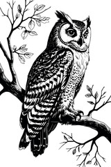Side view engraving-style owl on branch. Black and white vector bird with intricate detail