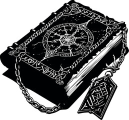 Chained spellbook vector. Gothic grimoire with protective lock and runes.