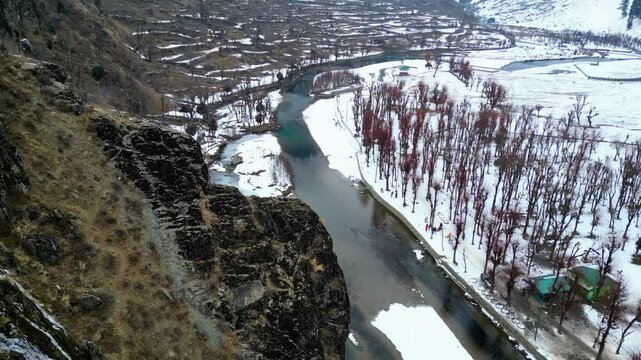 High-altitude drone footage of winter in the betaab valley in pahalgam