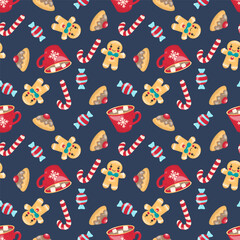 Seamless Christmas pattern with gingerbread men, candy canes, mugs, sweets, and pie slices. Bright hand drawn style on dark blue background. Perfect for wrapping paper, textiles, and decor.