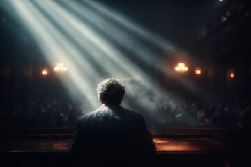 Man in pinstripe suit addressing crowd in grand hall filled with sunbeams and a vintage appearance of great importance