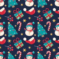 Seamless Christmas pattern with snowmen, gift boxes, Santa hats, trees, candy canes, and stars. Bright festive design on dark background, great for wrapping paper and holiday decor.