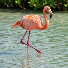 Obraz premium Pink Flamingo Wading in Shallow Tropical Water