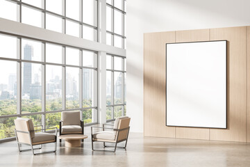 Modern interior with blank poster frame on wooden wall in bright office lounge with city view and stylish furniture for branding or design display template. 3D Rendering