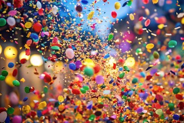 A colorful explosion of confetti is falling from the ceiling